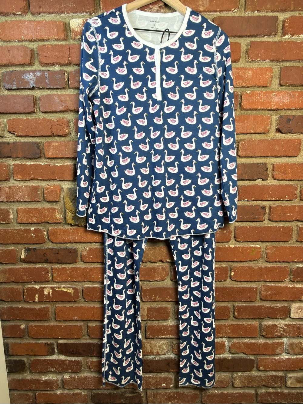Roller Rabbit Women's Large Swan Pajama set Pima Cotton Soft Stretch blue